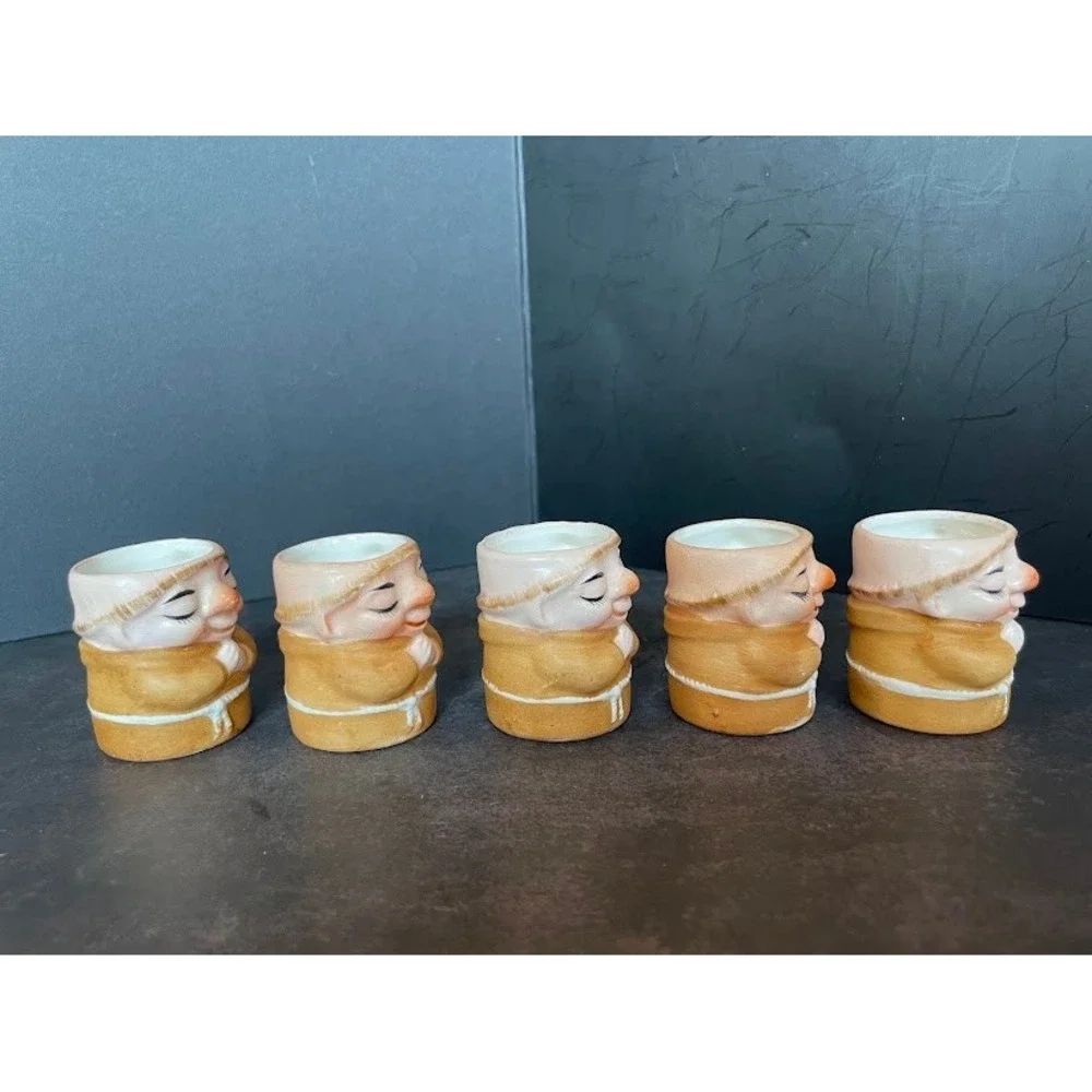 Vintage Praying Friar Monk Ceramic Decanter and 5 Shot Glass Mugs Set Tan